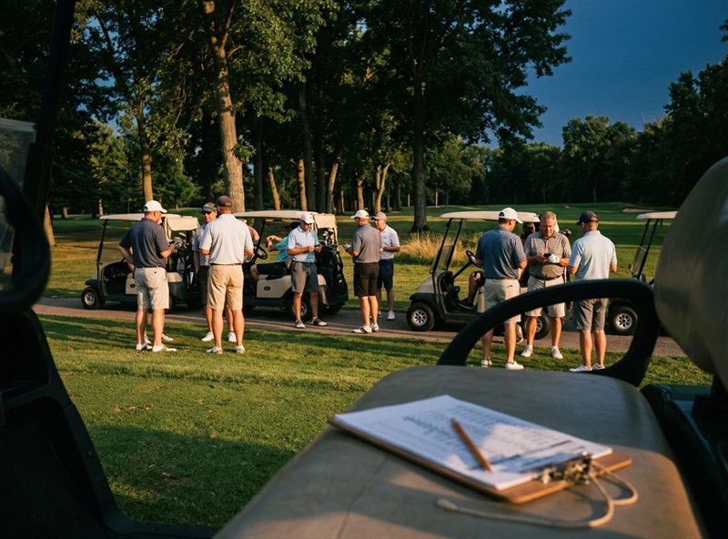 A Wednesday evening league gathering at the first tee in low sun, with a printed pairings sheet on a clipboard in the foreground.