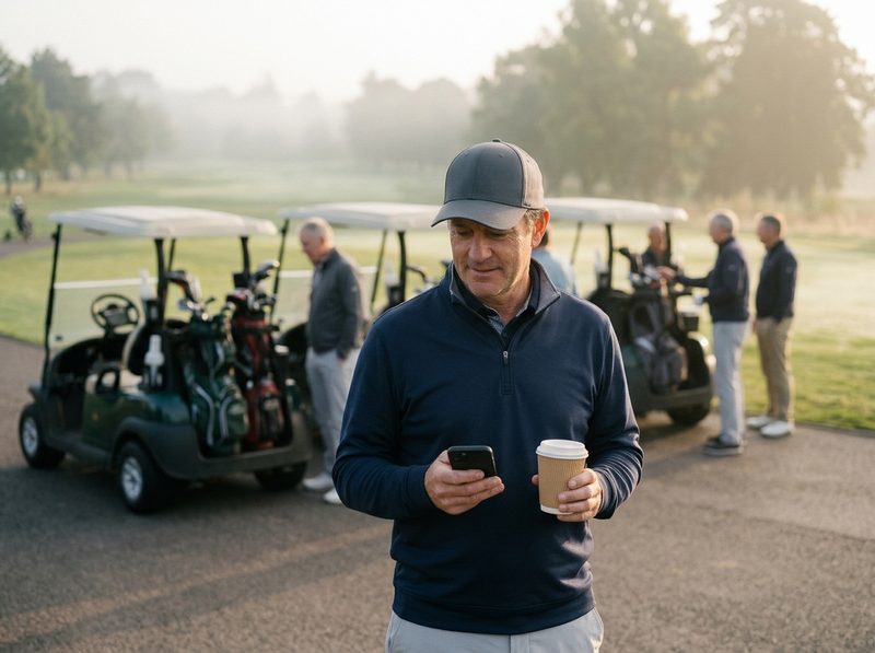 The organiser at the first tee on a misty morning, phone in one hand and coffee in the other, carts and the rest of the group behind him.